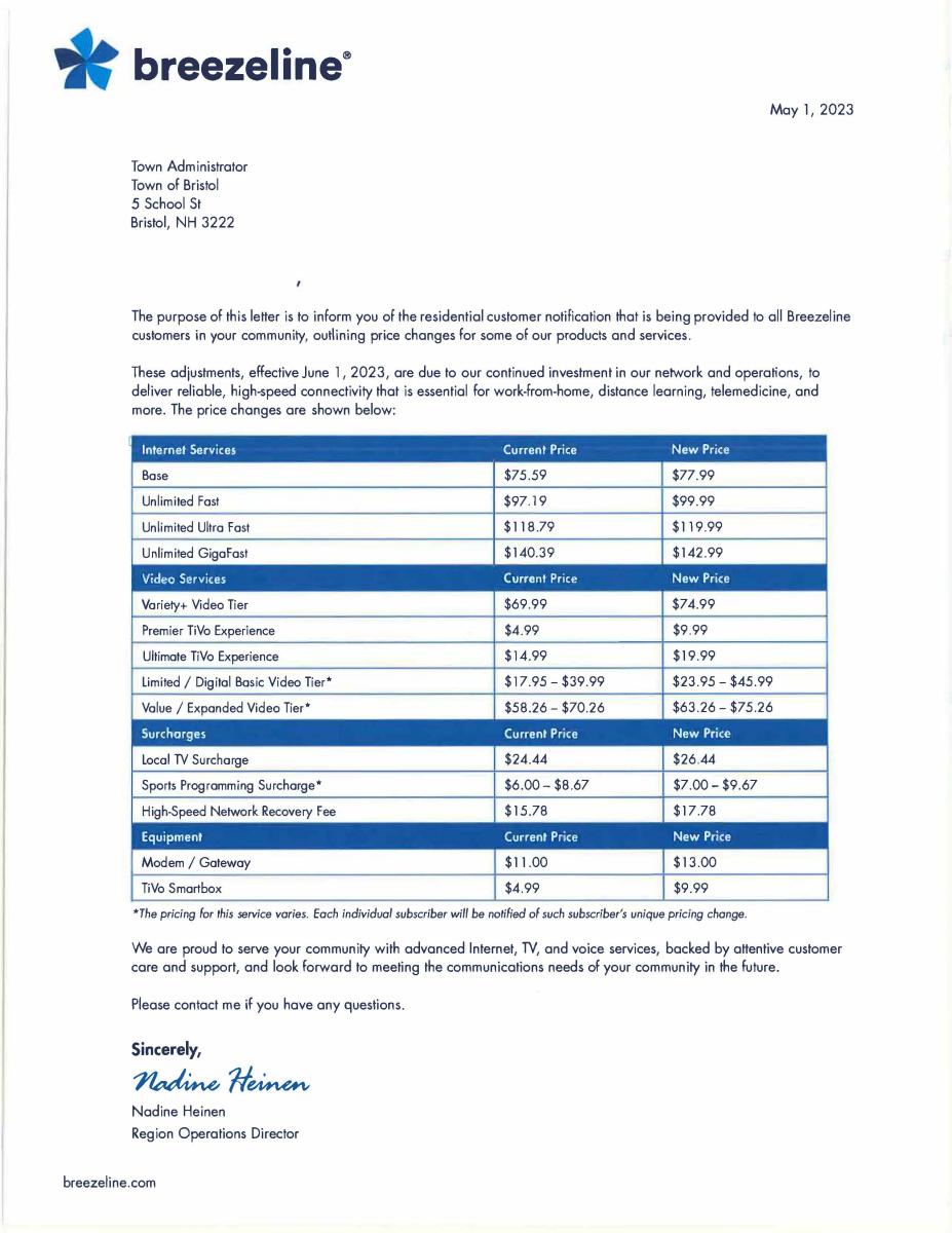 Breezeline residential price changes