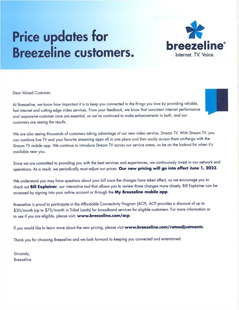 Breezeline residential Price updates