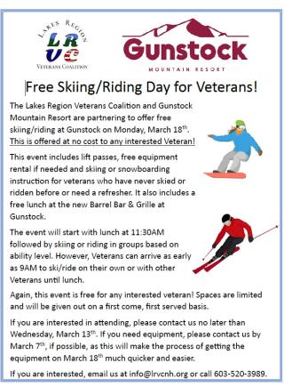 Free skiing/riding day for Veteran's at Gunstock on March 18