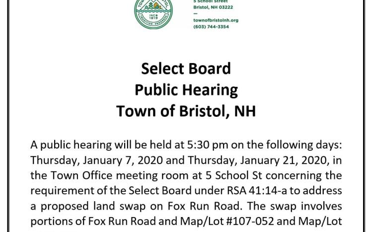 Select Board Public Hearings on January 7 and January 21
